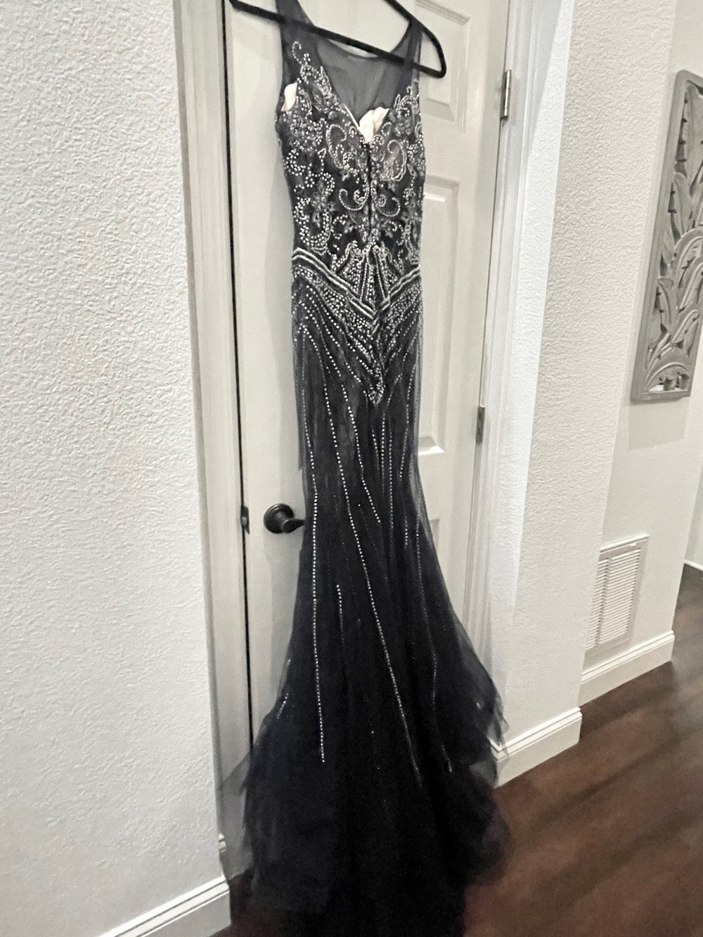 GLS Collective Navy Beaded Illusion Mermaid Gown